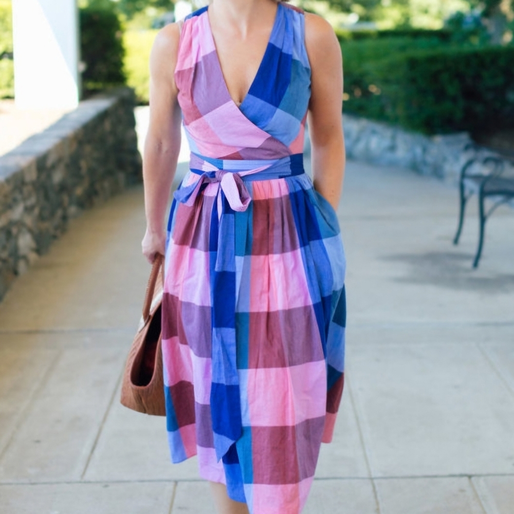 1901 Plaid Wrap Blanket Plaid Midi Dress Pink Blue Size 6 - Picture 2 of 16